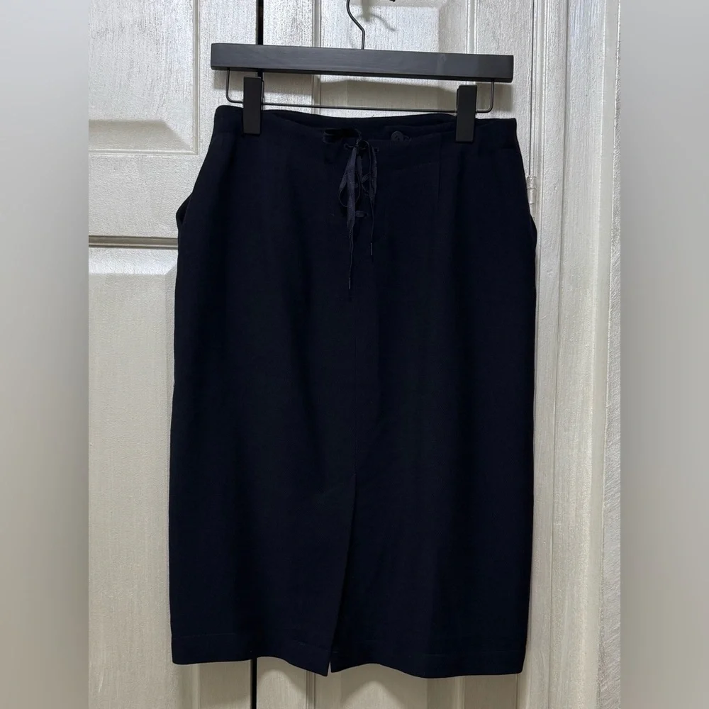Lauren Ralph Lauren Size 8P Navy Blue Worsted Wool Midi Pencil Skirt Pockets
